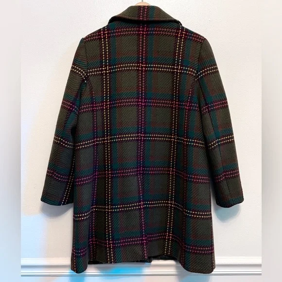 Talbots Wool Blend Olive Green Plaid Coat Petite Medium Like New - Picture 7 of 13